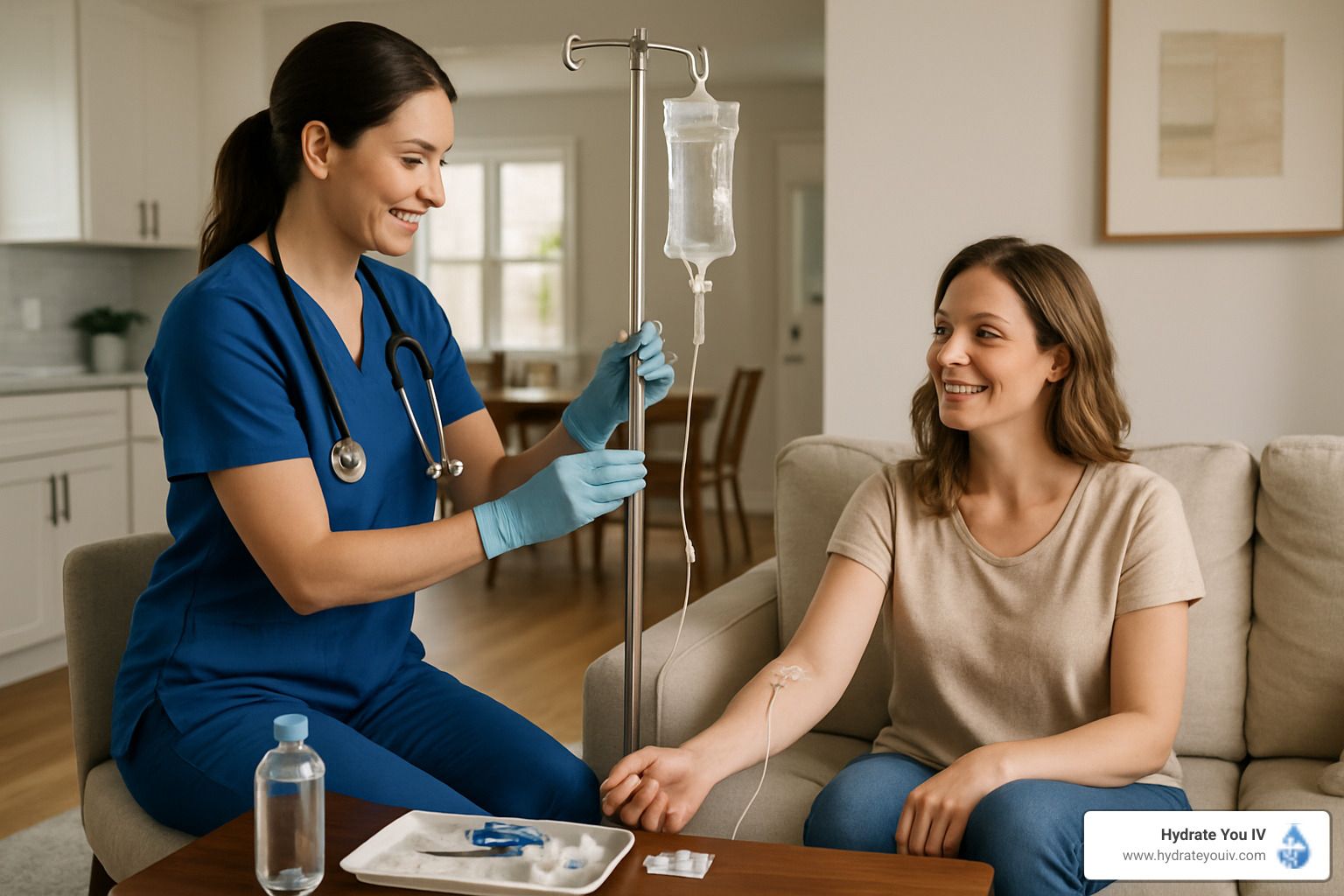 Nurse administering IV fluids to a seated patient in a home setting. Both are smiling.
