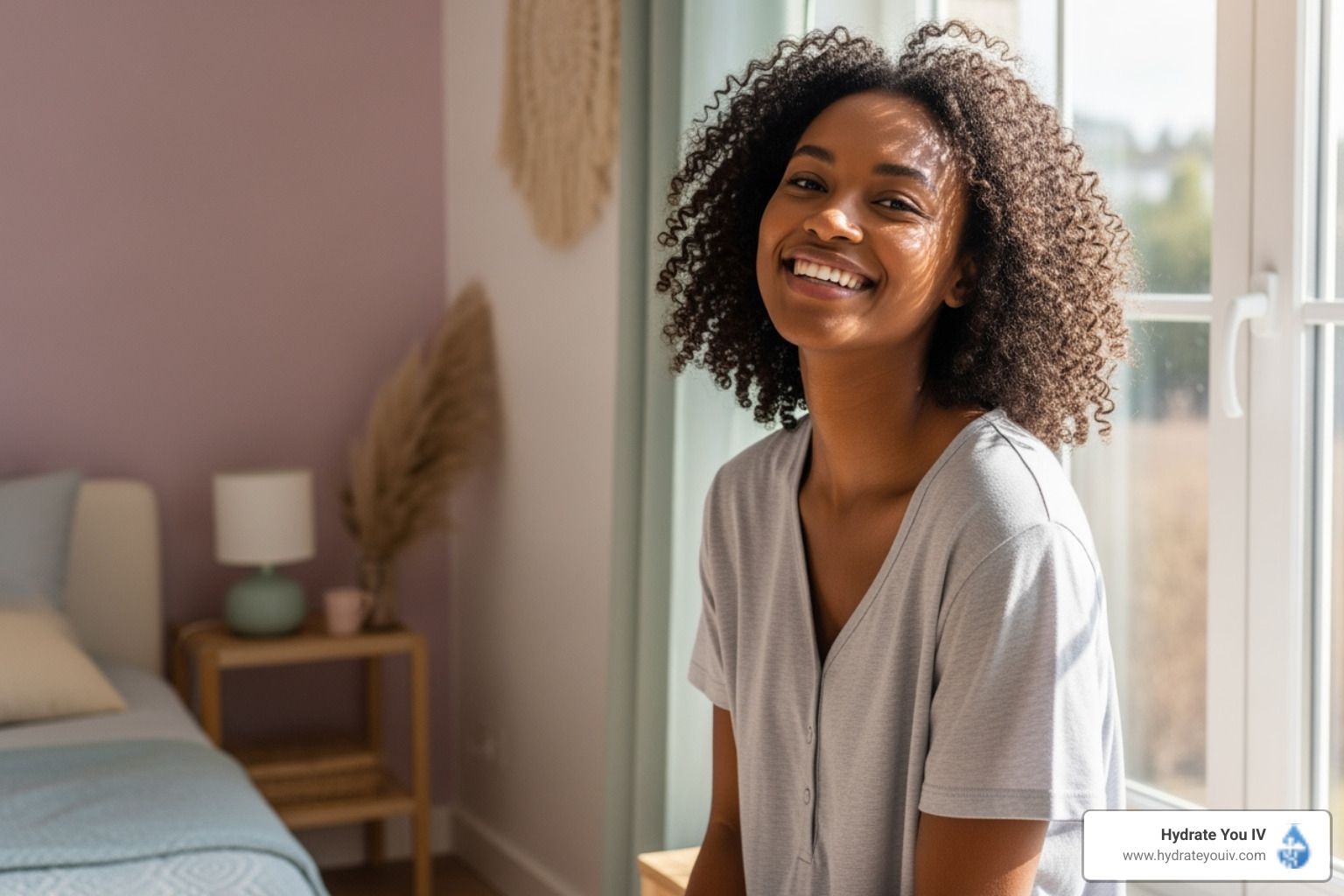 Woman smiling near a window in a bedroom. Sunlight, curly hair, gray shirt, and neutral decor.
