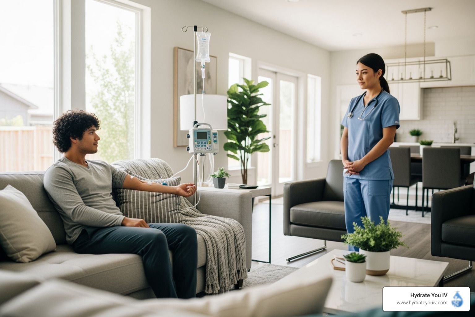 Man receiving IV treatment at home, nurse standing nearby, living room setting.