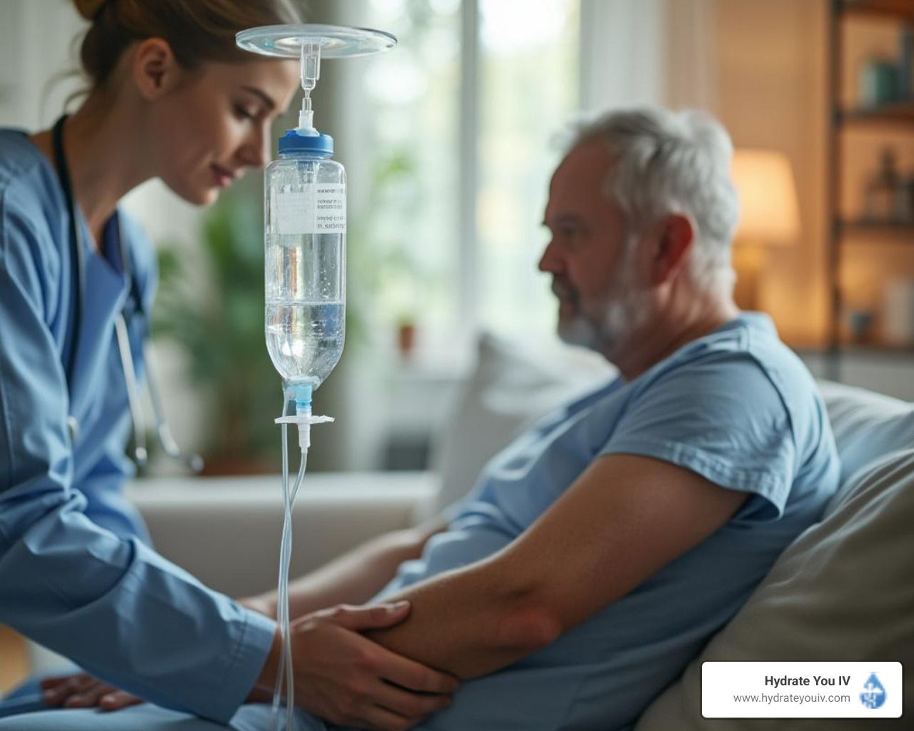 Nurse setting up an IV for a patient in a hospital room.
