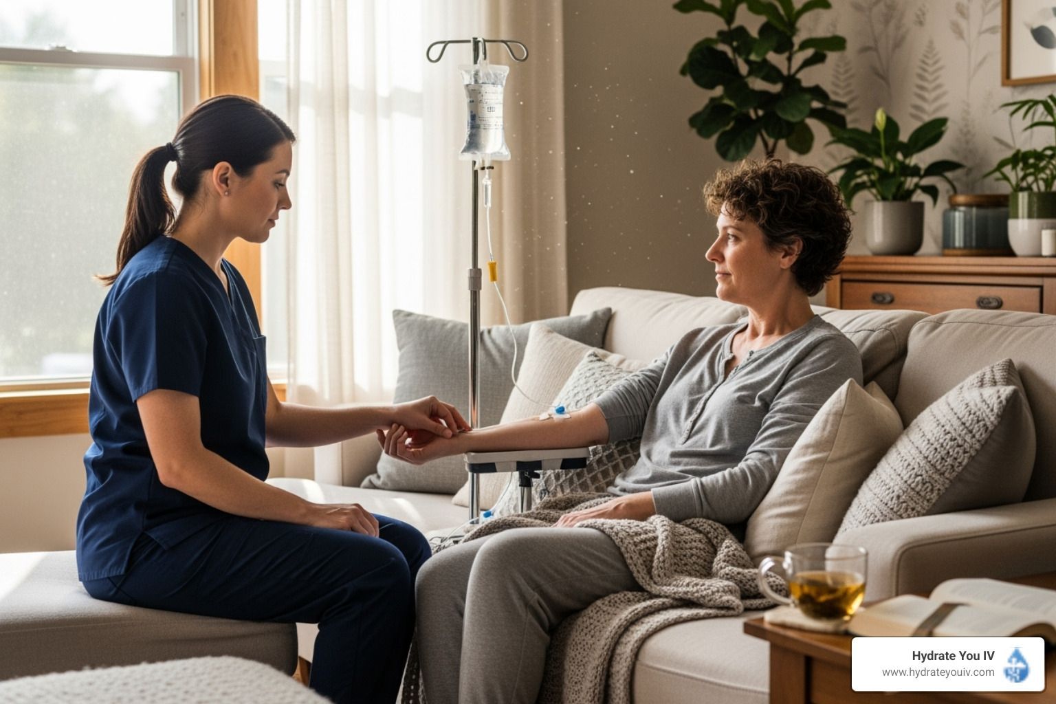 Nurse administering IV treatment to a person seated on a sofa. Setting is a well-lit living room.