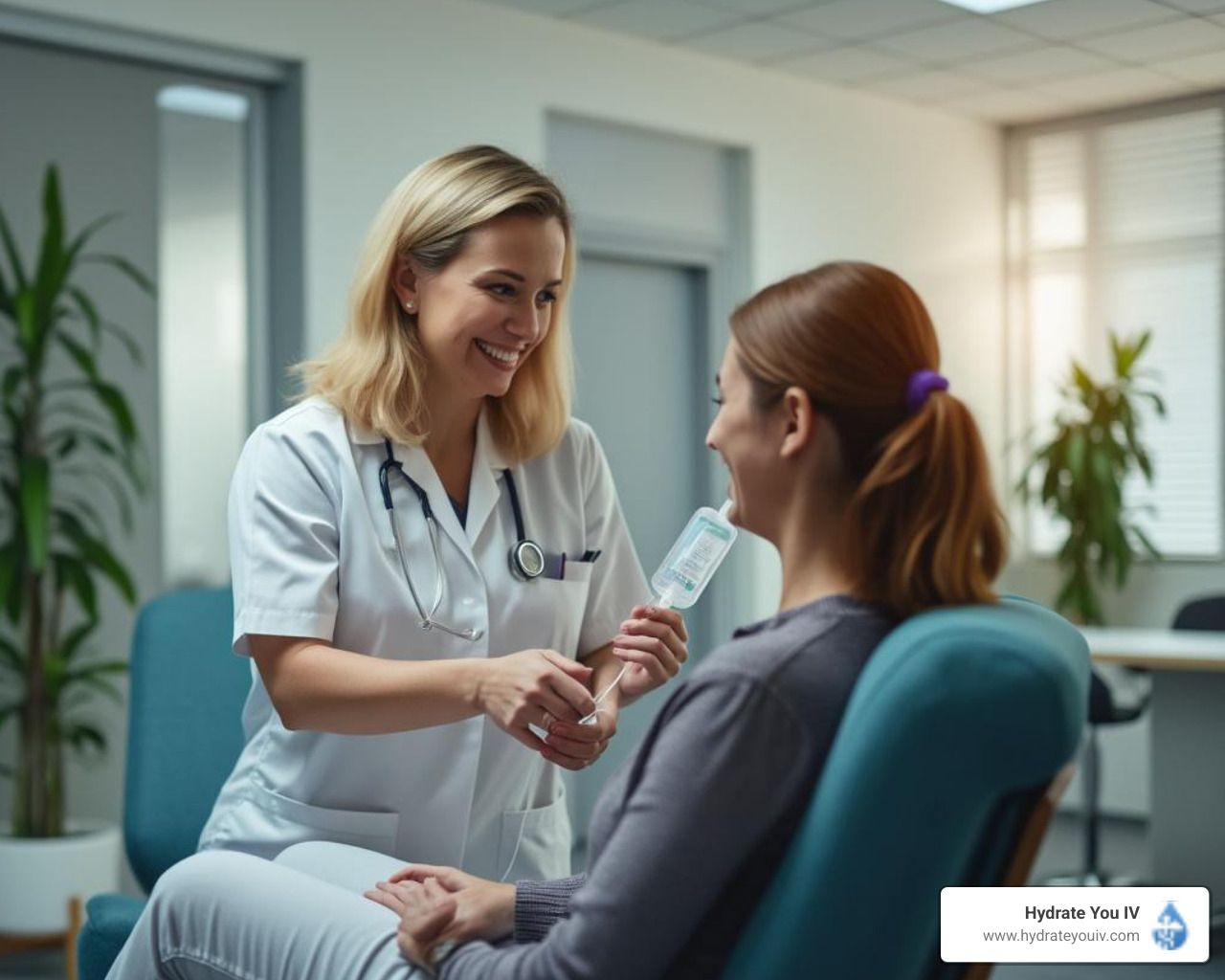 A medical professional handing a patient an item, both smiling in a clinic setting.