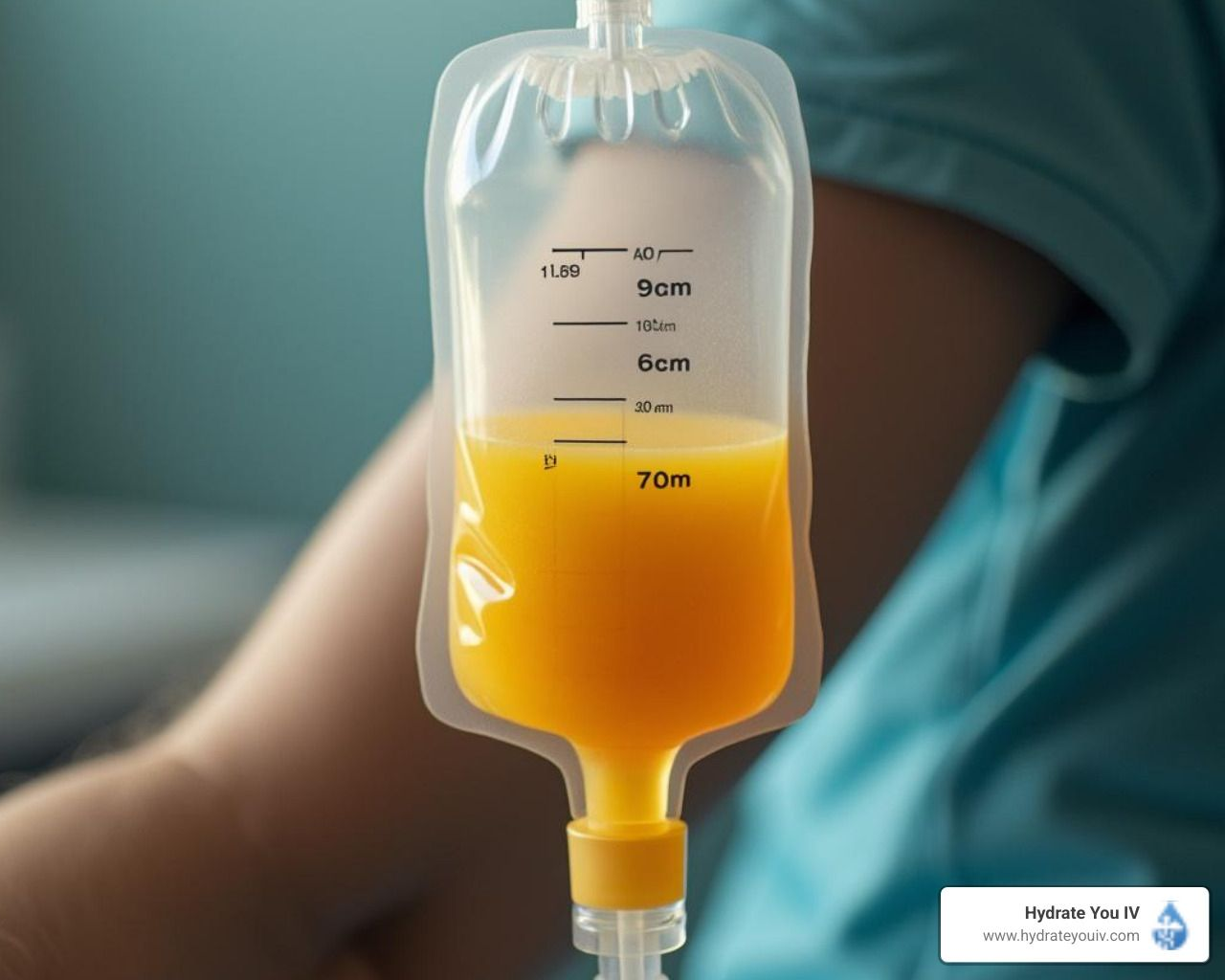 Intravenous bag with yellow liquid, attached to a person's arm, in a medical setting.