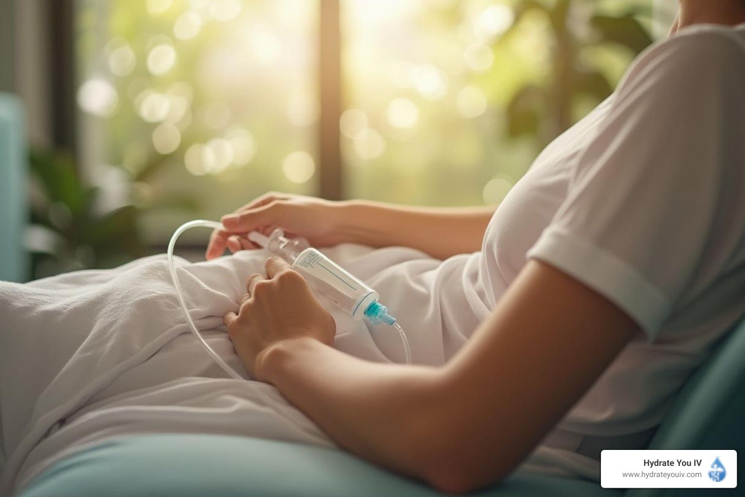 Person receiving intravenous infusion, sitting on a couch with a window in the background.