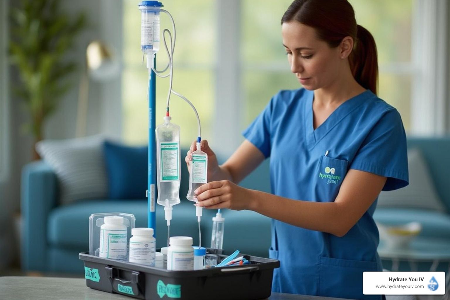 Nurse in blue scrubs preparing IV fluids at home, near a blue sofa and window.