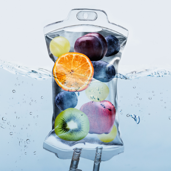 A bag of fruit is floating in the water.