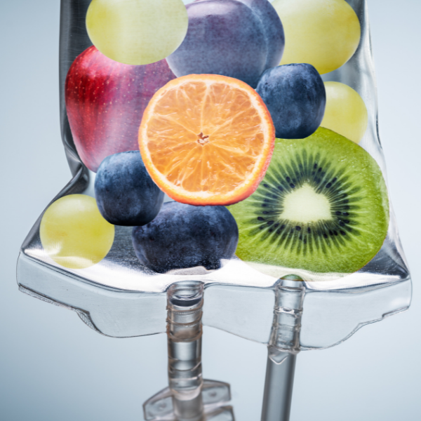 A bag filled with fruit including kiwi and orange