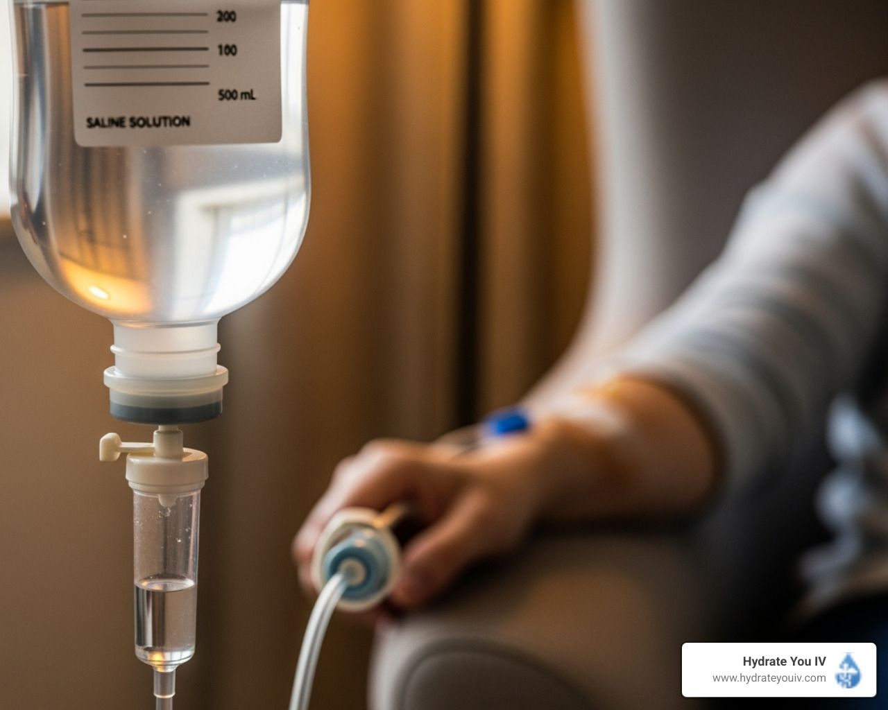 IV drip administering saline solution to a person in a chair.