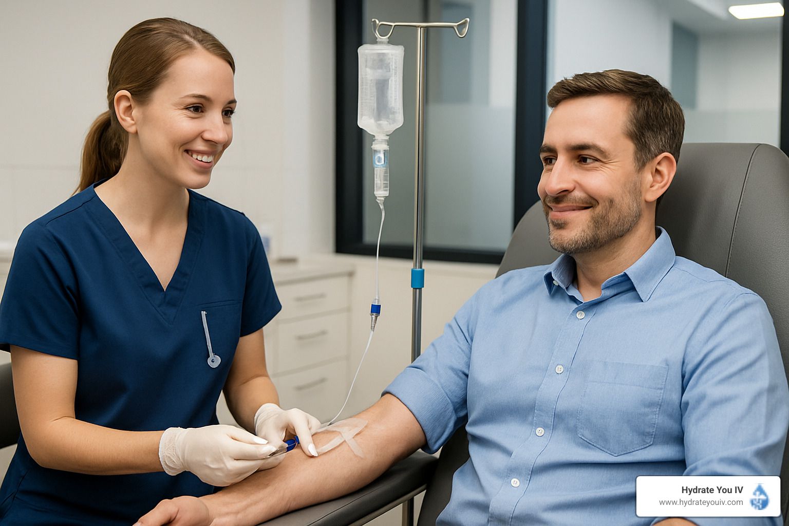 Nurse administering IV fluids to a seated patient in a medical setting; both smiling.