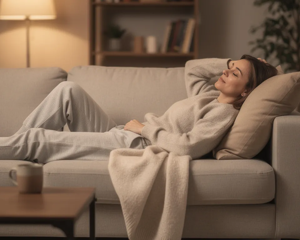 Woman relaxing on a beige sofa, eyes closed, hands behind her head, indoors with warm lighting.