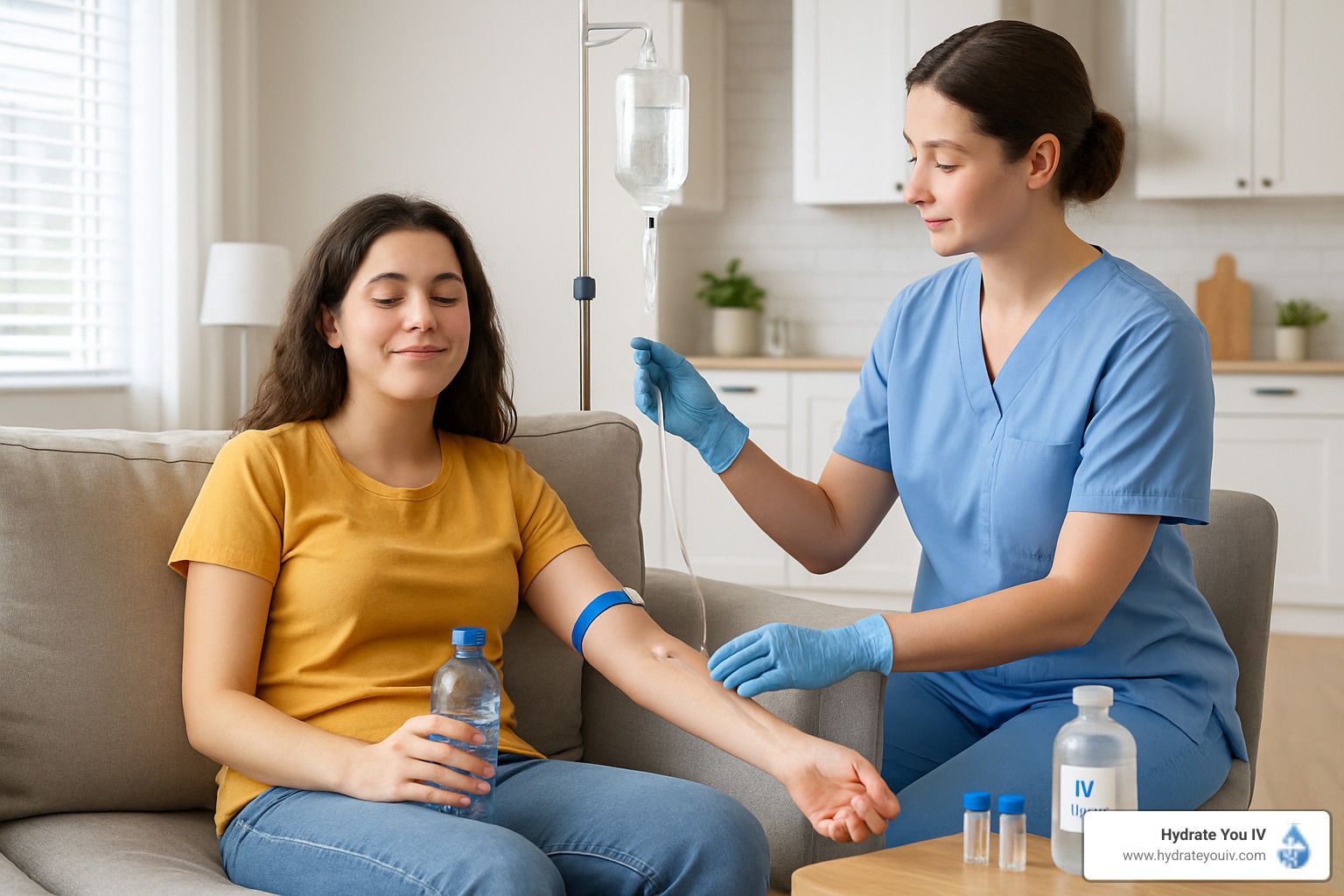 Woman receiving IV fluids in home setting; nurse in scrubs, adjusting equipment.