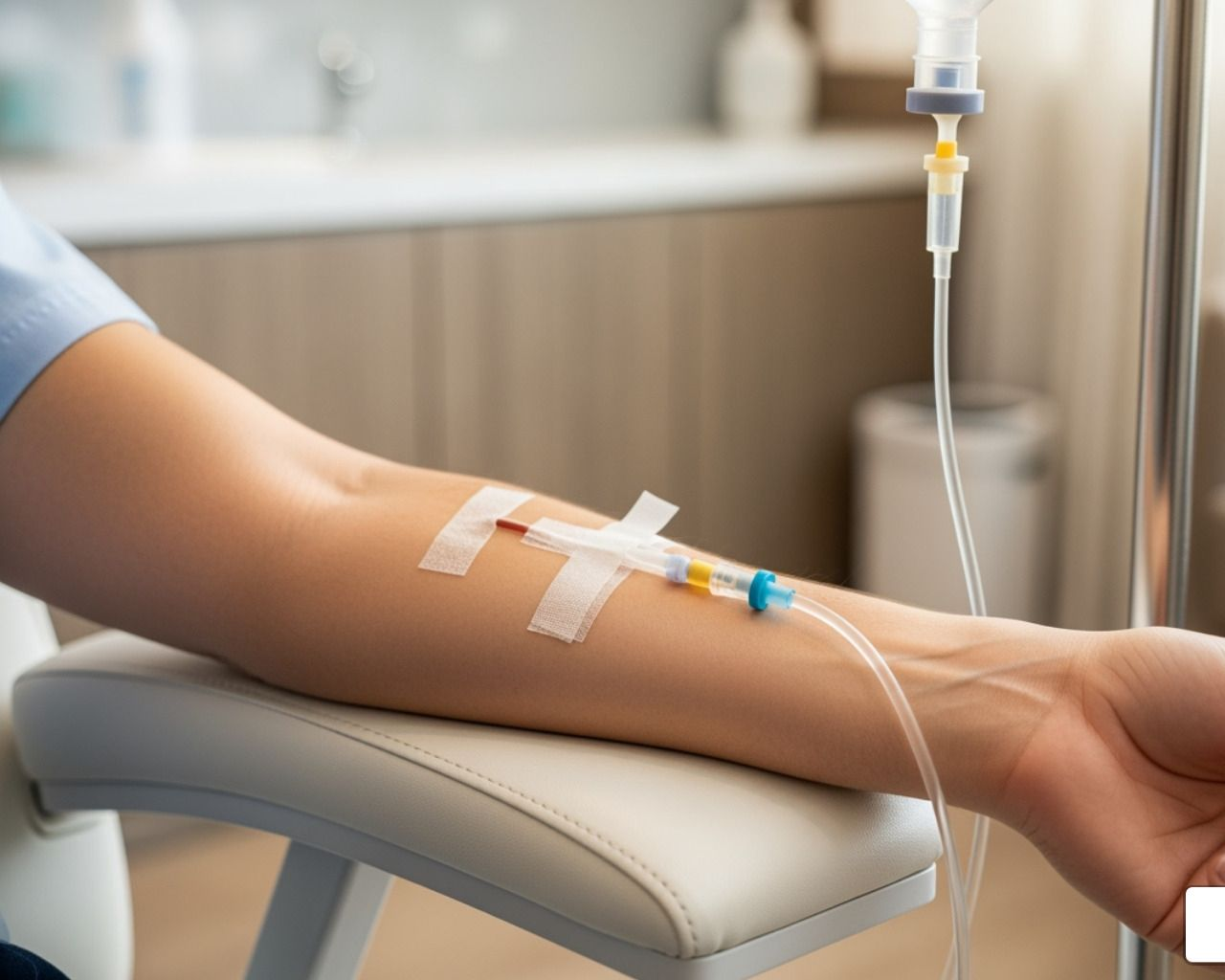 Arm with IV drip; patient in a medical setting.
