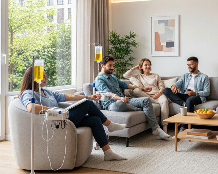 People receiving IV drips in a living room; smiling, relaxed, with plants and natural light.