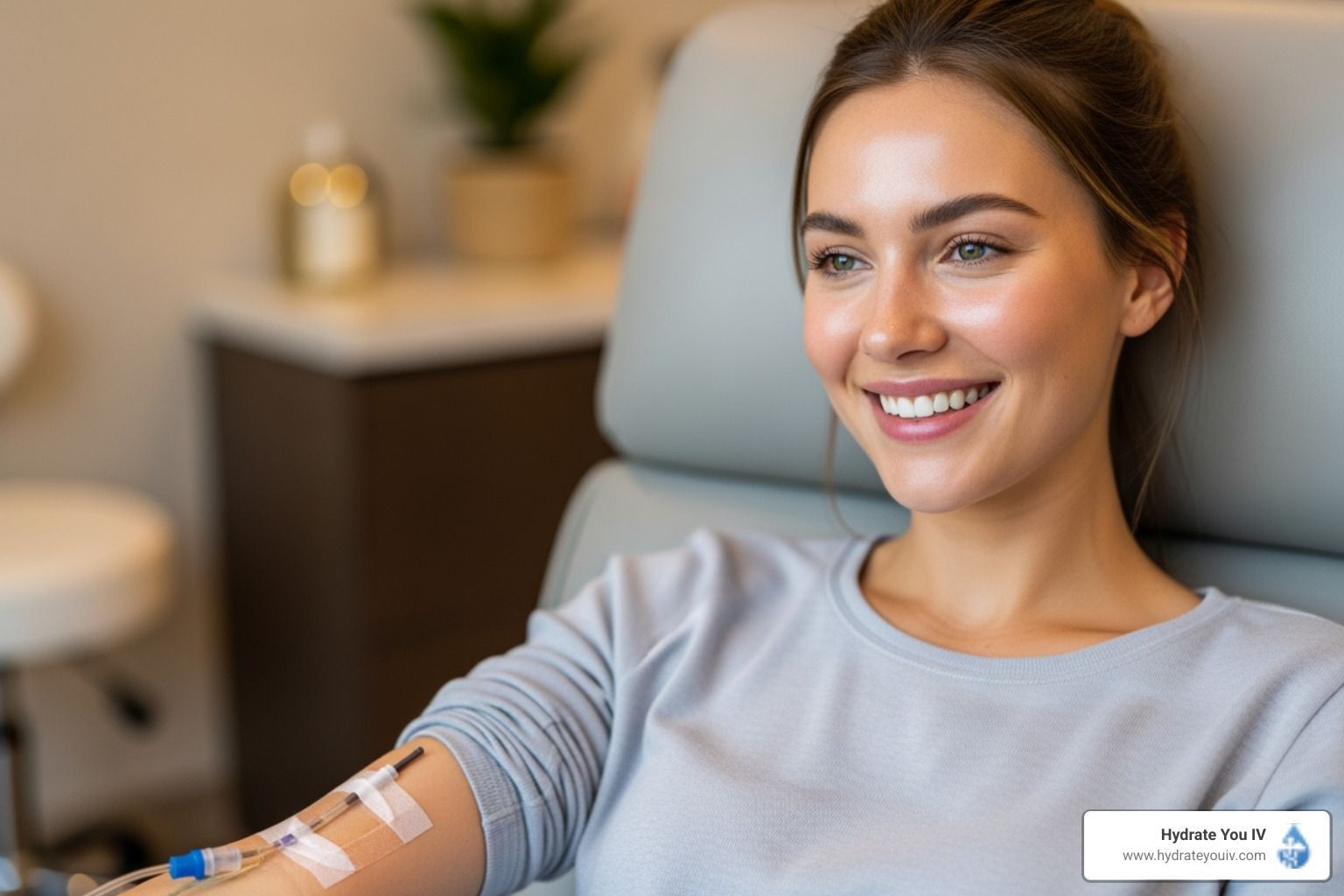 Woman receiving IV therapy, smiling in a medical chair. Clinic setting with blue and white tones.