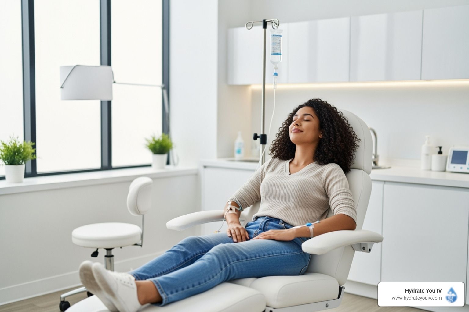 Woman relaxing in medical chair, receiving intravenous therapy in a bright, modern room.