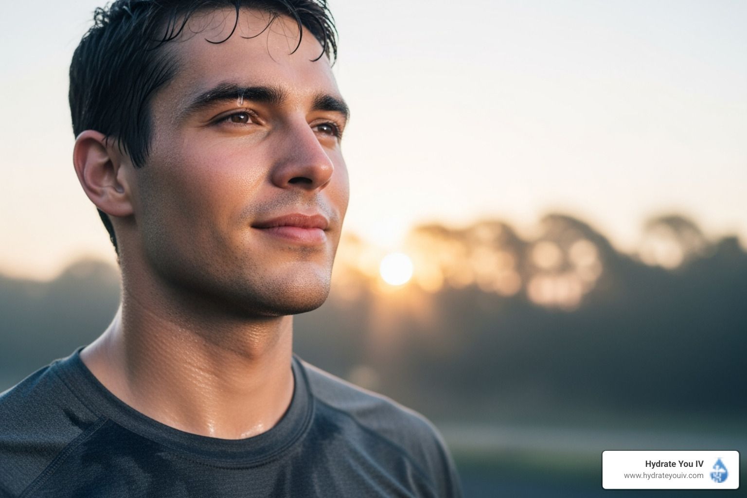 Man looking off-camera, sweating after a workout, with a soft sunrise background.