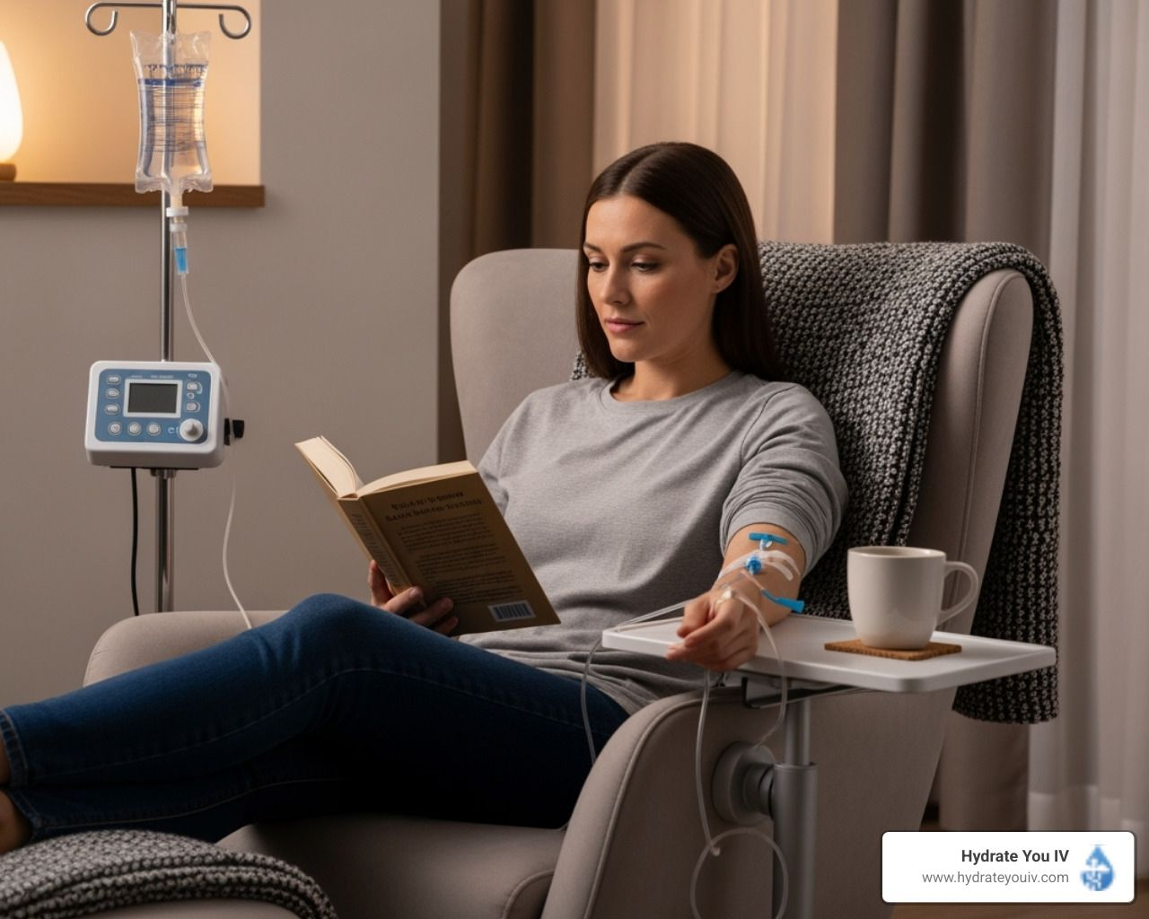 Woman receiving IV fluids while reading a book in an armchair. Indoors, relaxed setting.