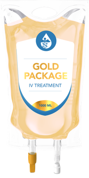 A bag of gold package iv treatment on a white background.