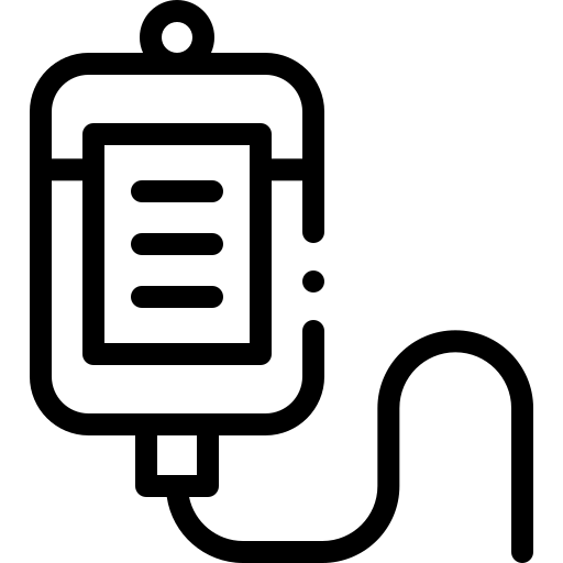 A black and white icon of a drip bag with a hose attached to it.