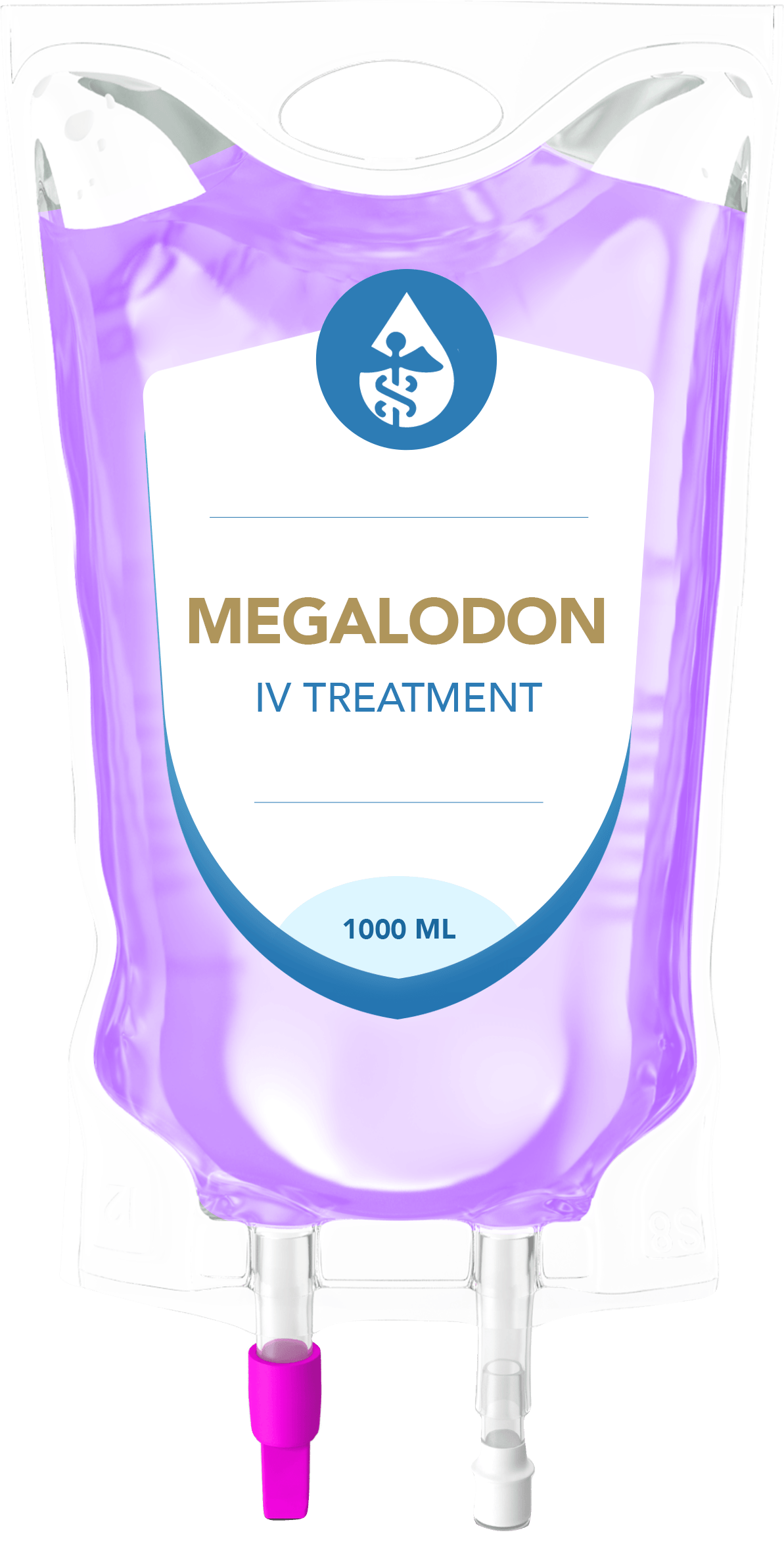 A purple bag of megalodon iv treatment with a pink hose attached to it.