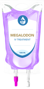 A purple bag of megalodon iv treatment with a pink hose attached to it.
