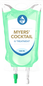 A bag of myers cocktail iv treatment with a green hose attached to it.