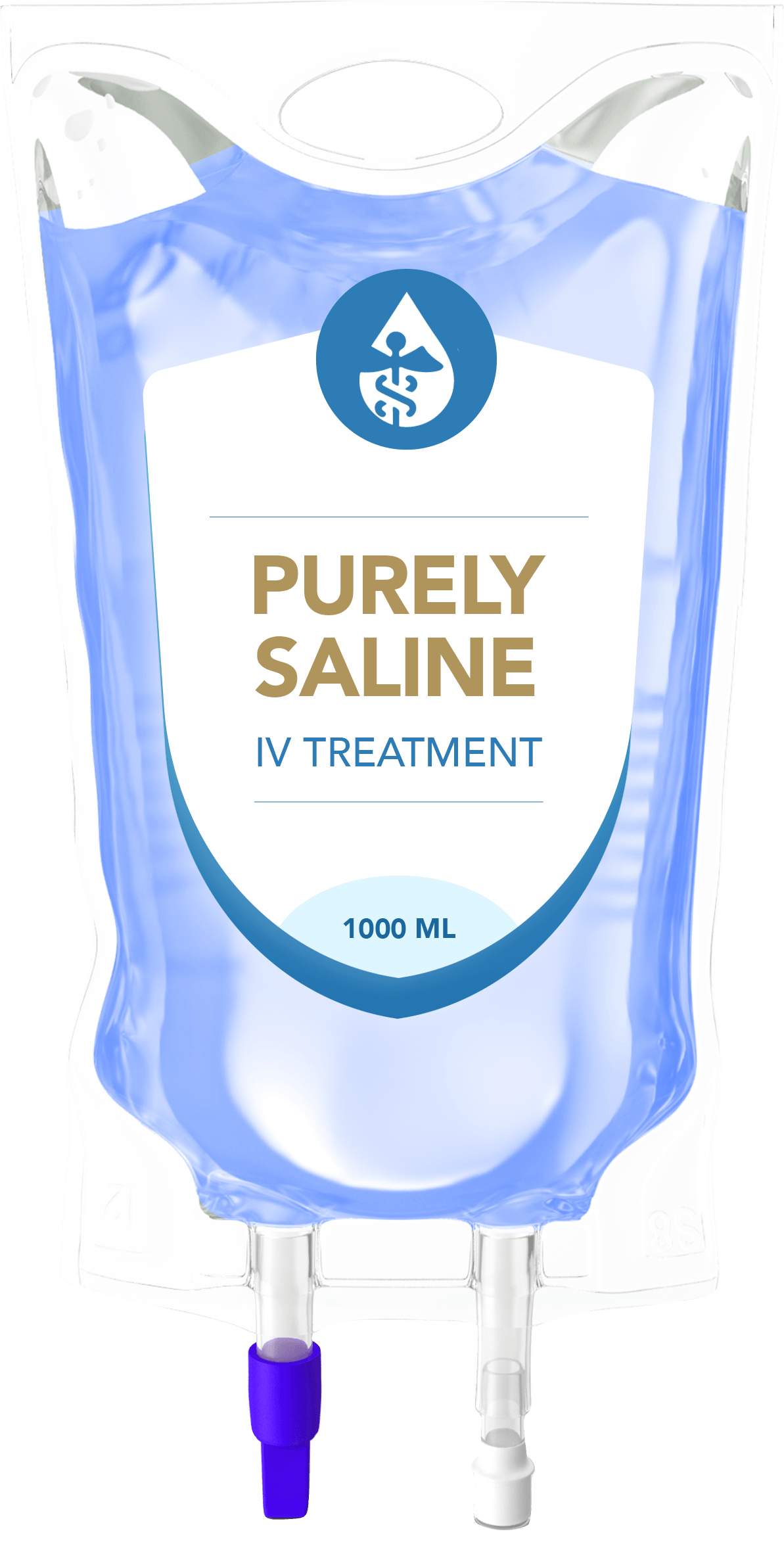 A bag of purely saline iv treatment is shown on a white background.