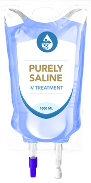 A bag of purely saline iv treatment is shown on a white background.