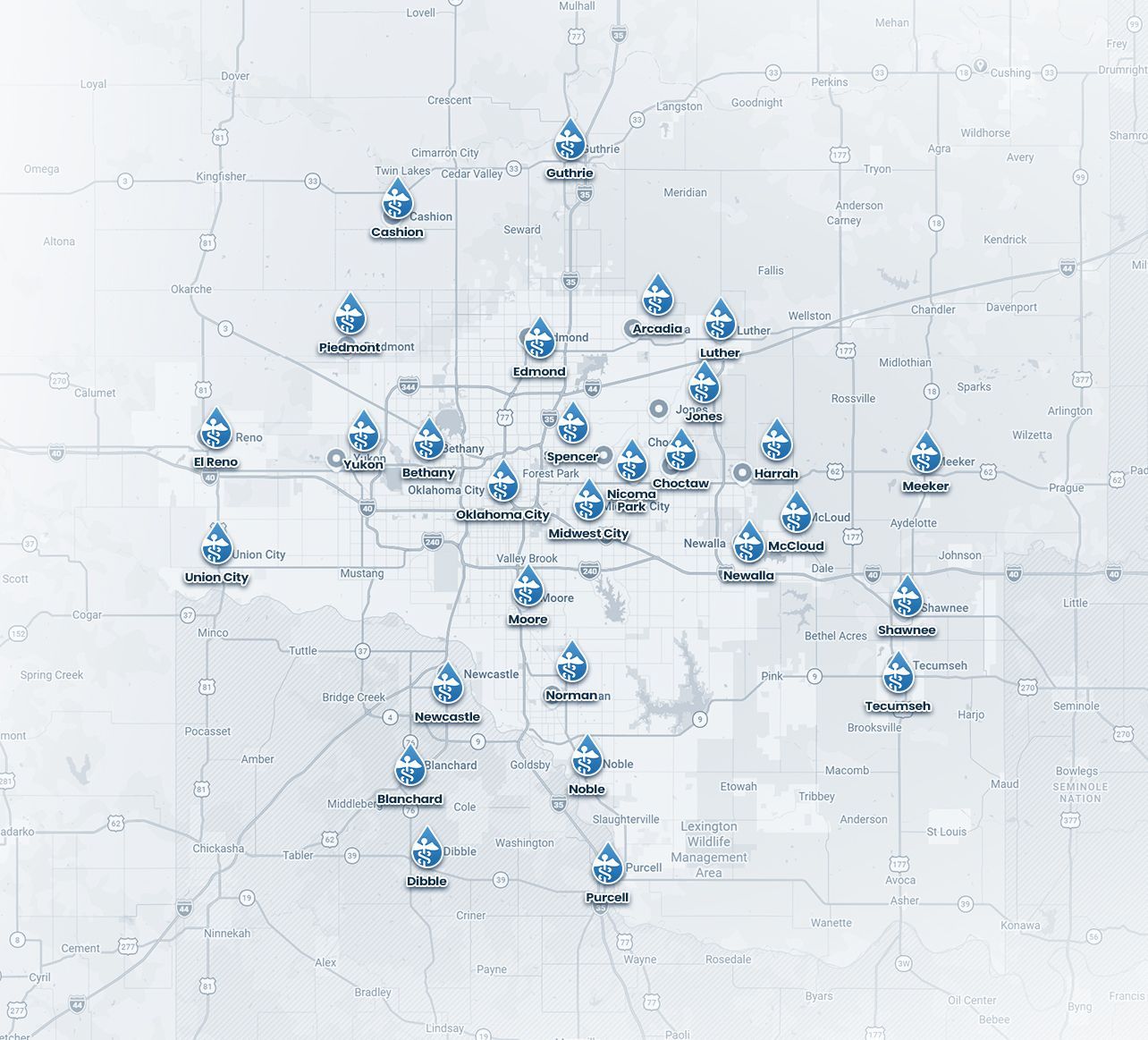 Map with blue location markers.