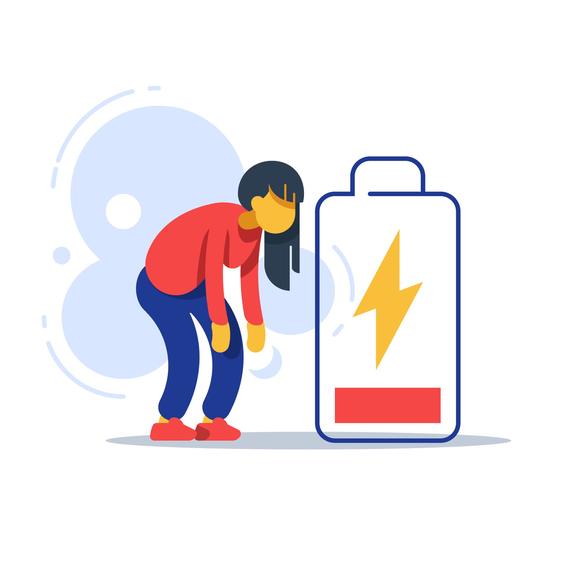 A woman is standing next to a low battery.