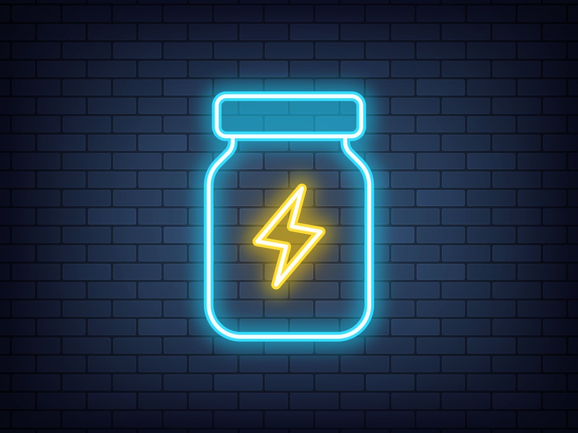 A neon sign of a jar with a lightning bolt inside of it.