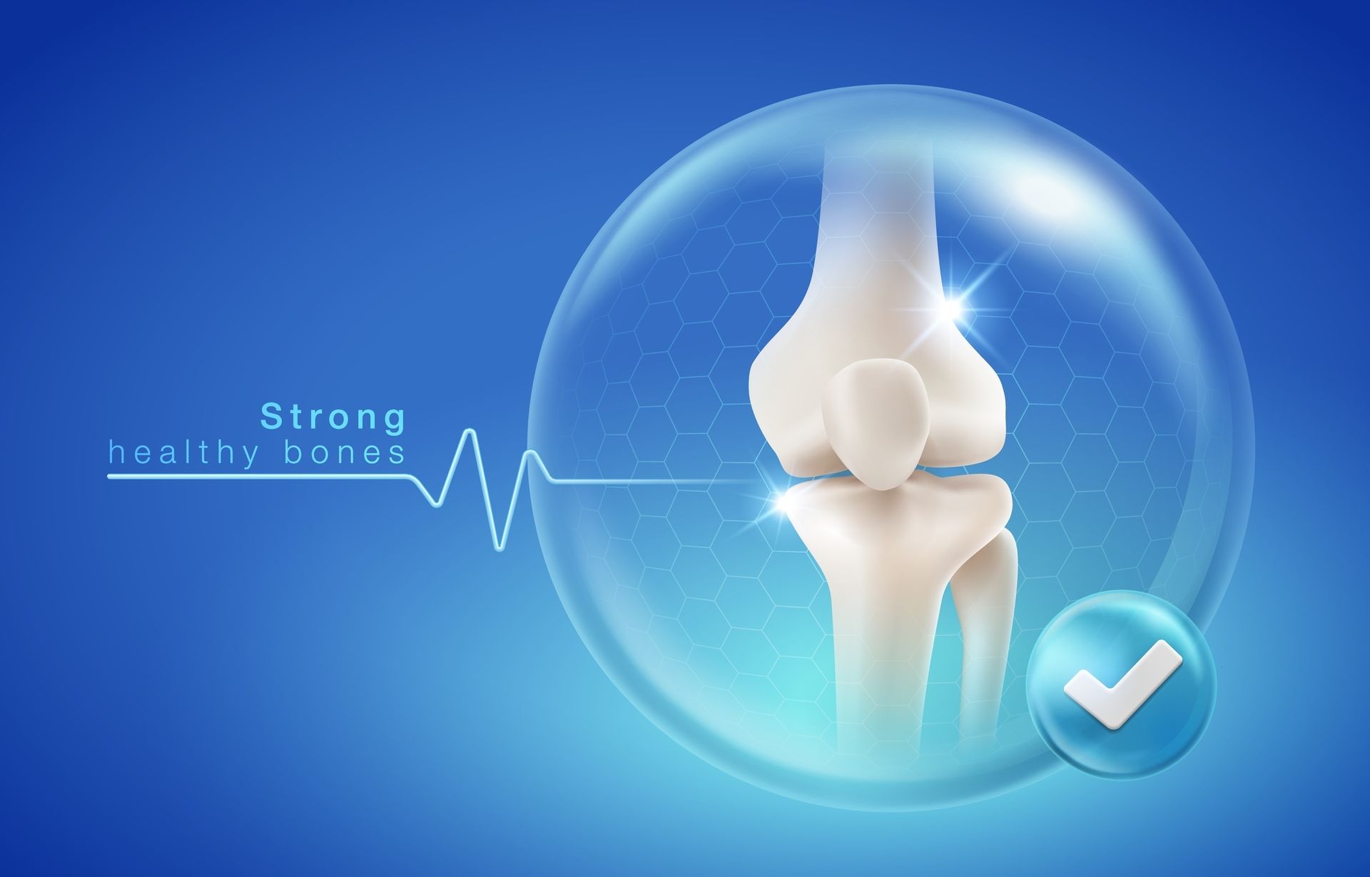 A knee joint in a bubble with a check mark.