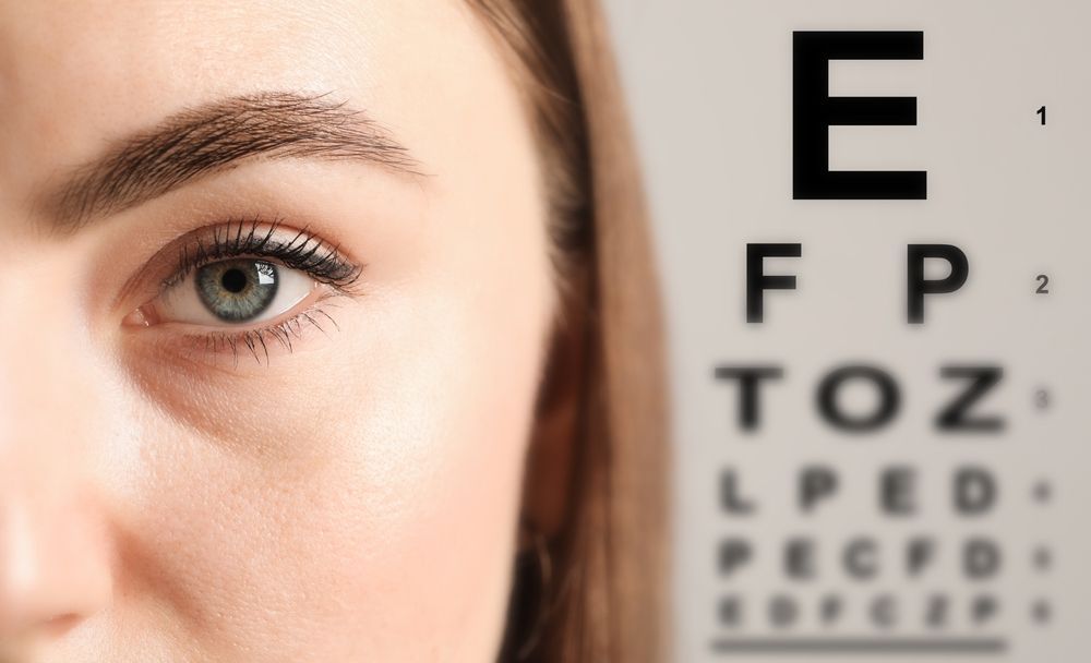 A close up of a woman 's eye with an eye chart in the background.
