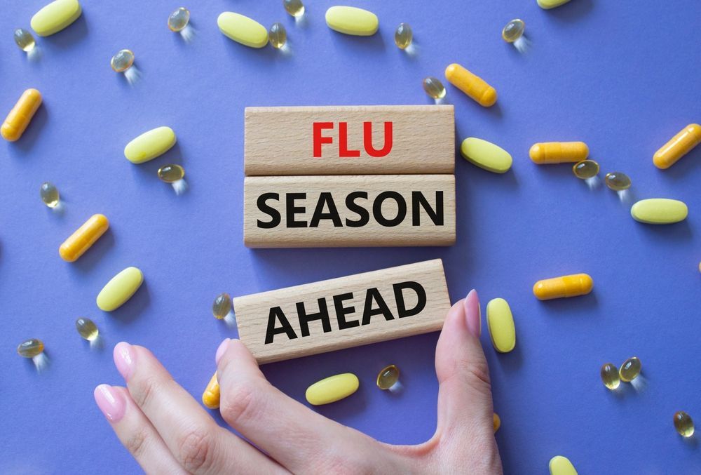 A person is holding wooden blocks that say flu season ahead.