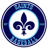 Blue and white Saints Baseball logo with fleur-de-lis, EST, and 2025 text