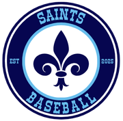Blue and white Saints Baseball logo with fleur-de-lis, EST, and 2025 text