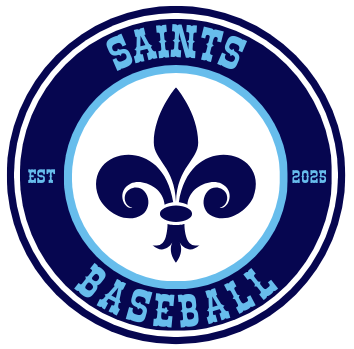 Blue and white Saints Baseball logo with fleur-de-lis, EST, and 2025 text