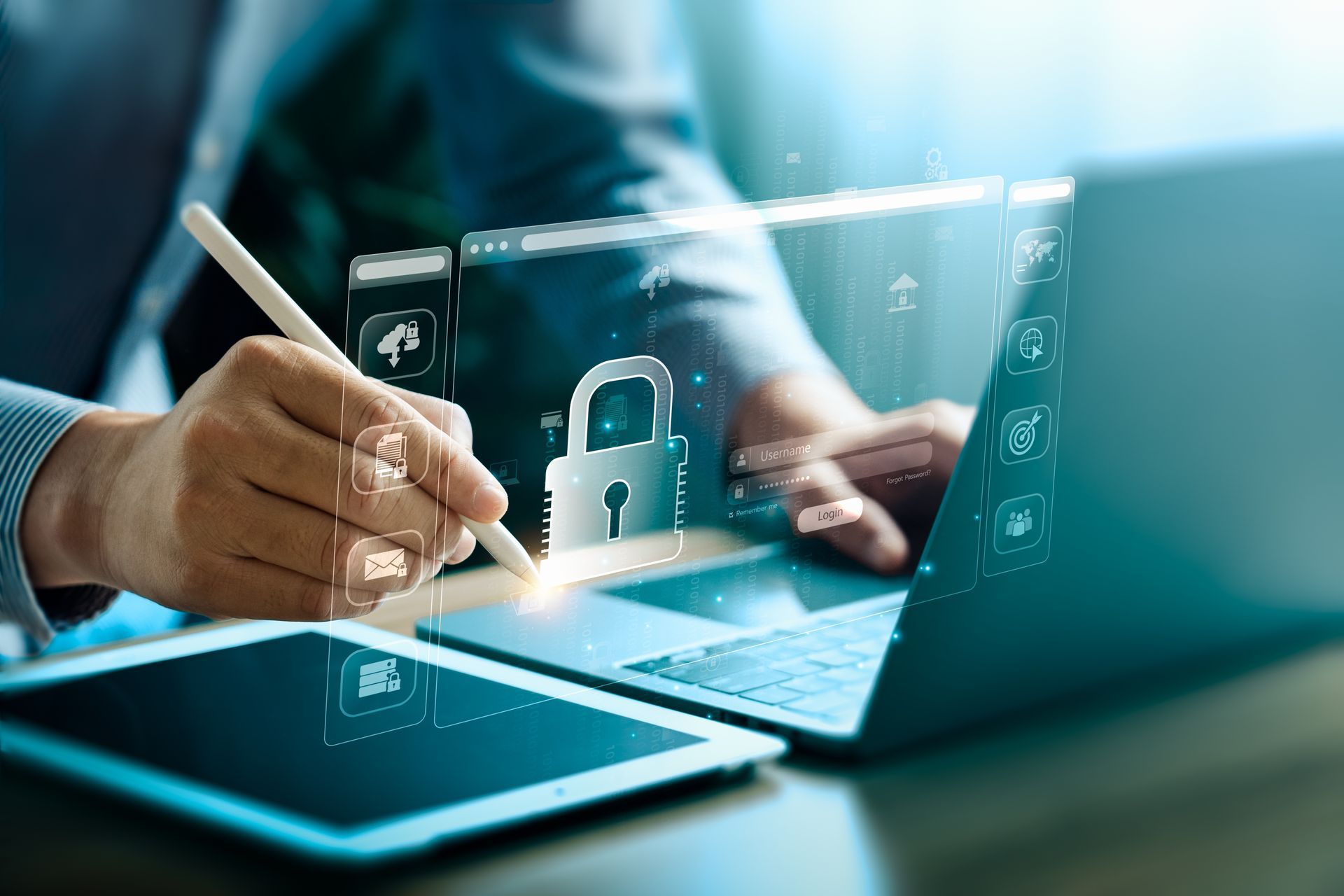Person using a laptop and tablet with digital security overlay: lock icon, data encryption.