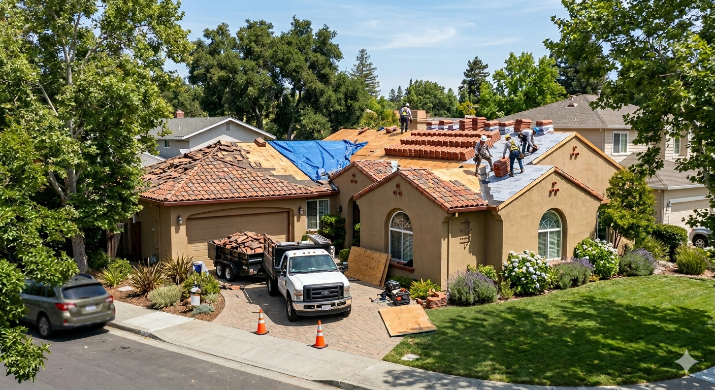 Roofers working on a tan house with red tile roof, blue tarp, and ladder in a sunny suburban neighborhood
