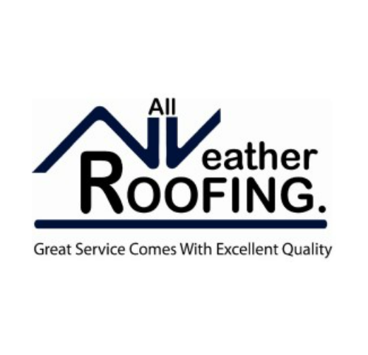 All Weather Roofing logo in blue and black with slogan “Great Service Comes With Excellent Quality”