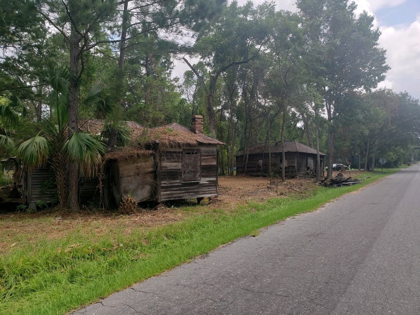 Rural roadside with small weathered huts and tall trees beside an empty paved road