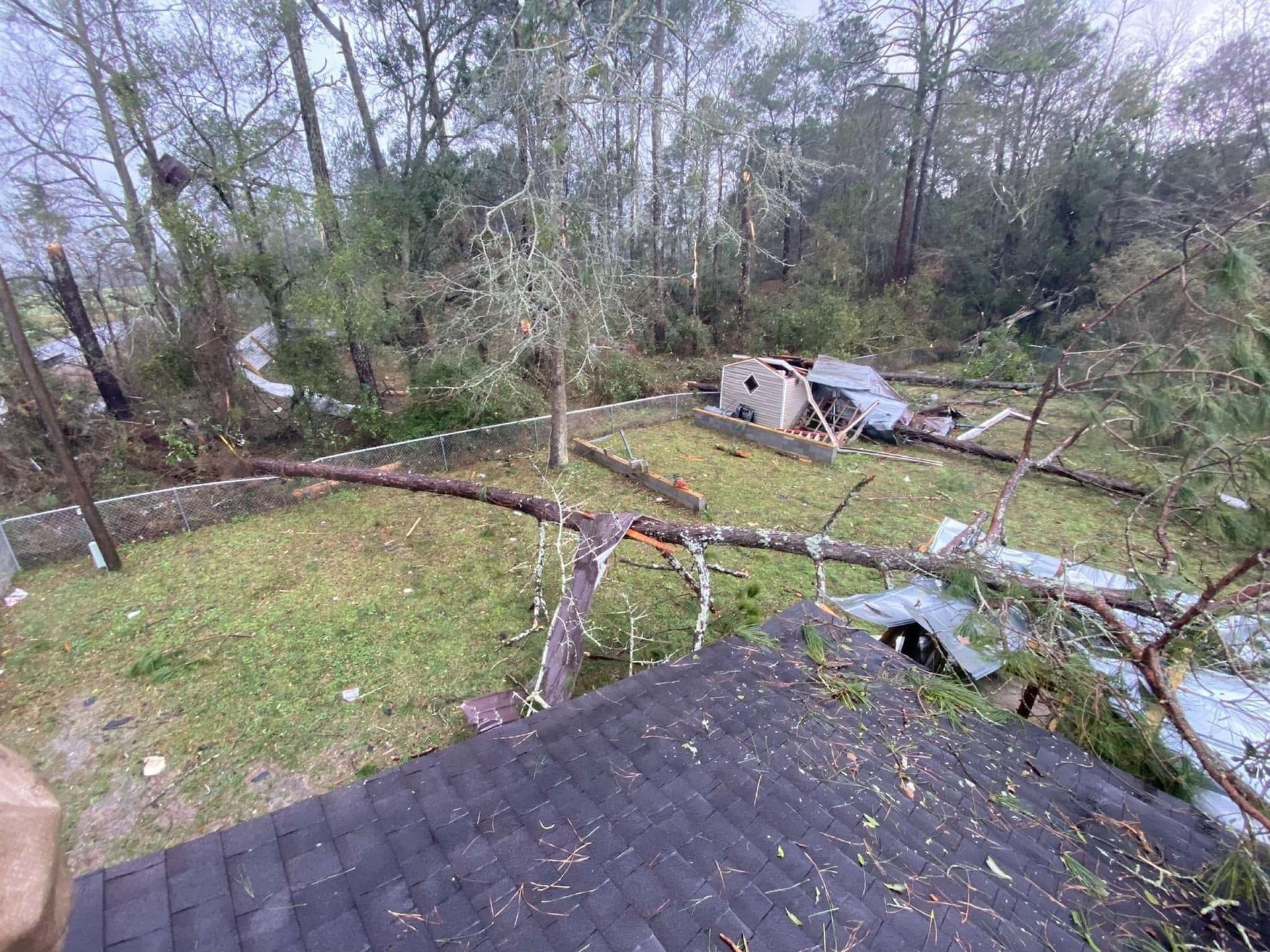 Backyard with fallen trees and branches scattered around a damaged roof and shed after a storm