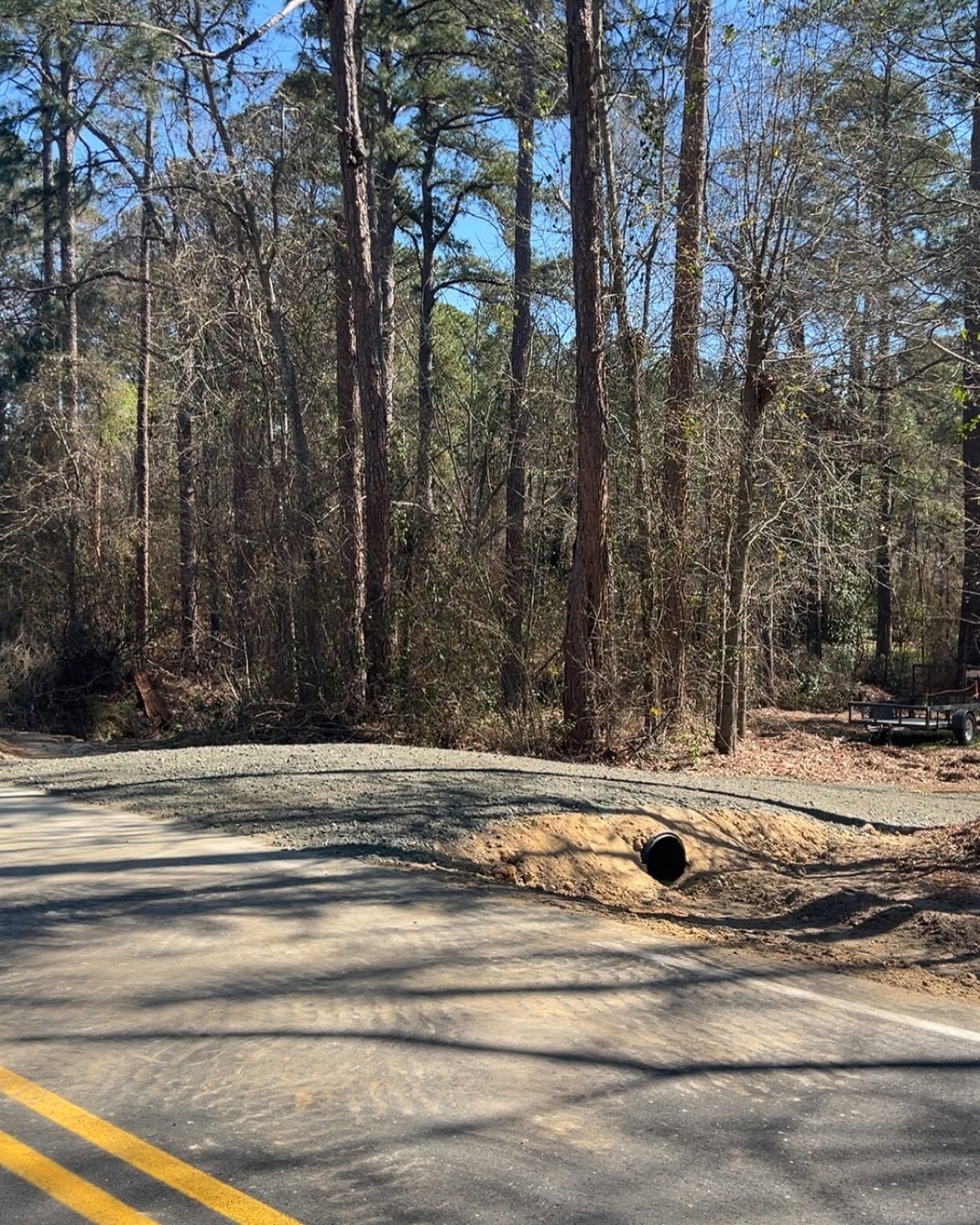 Wooded roadside with a curved paved road, yellow lines, and a culvert under leafless trees.