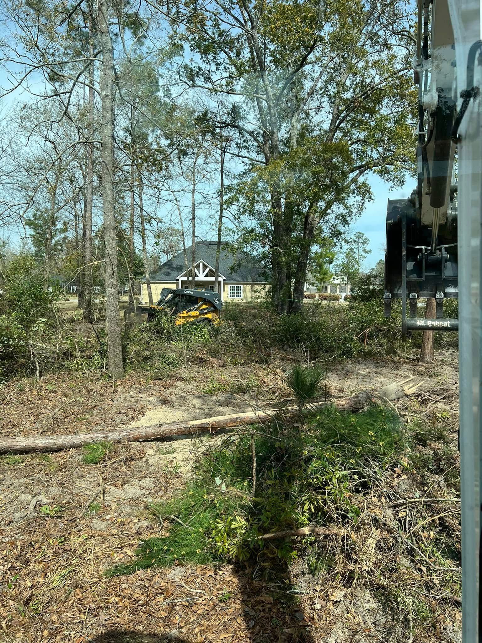 Excavator clearing brush beside a wooded path, with trees and a small structure in the background.