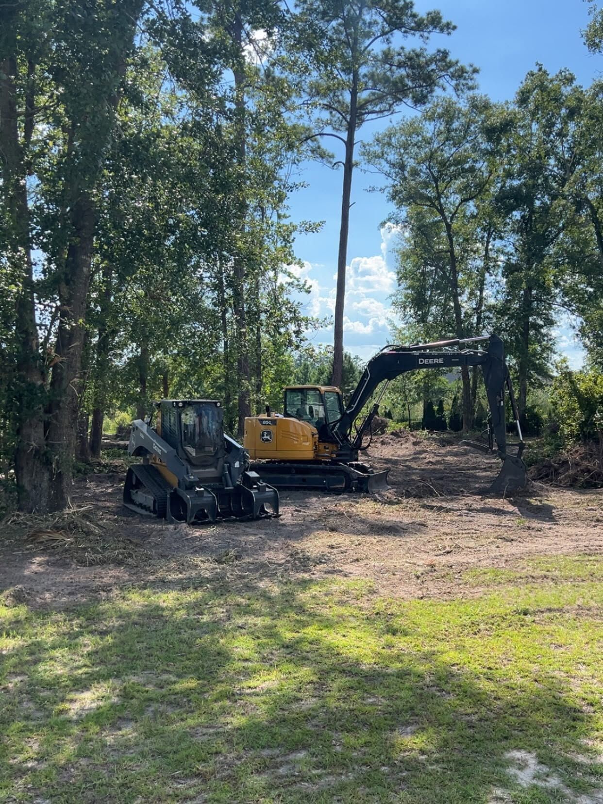 Yellow excavator and black skid steer clearing a wooded lot under tall trees.