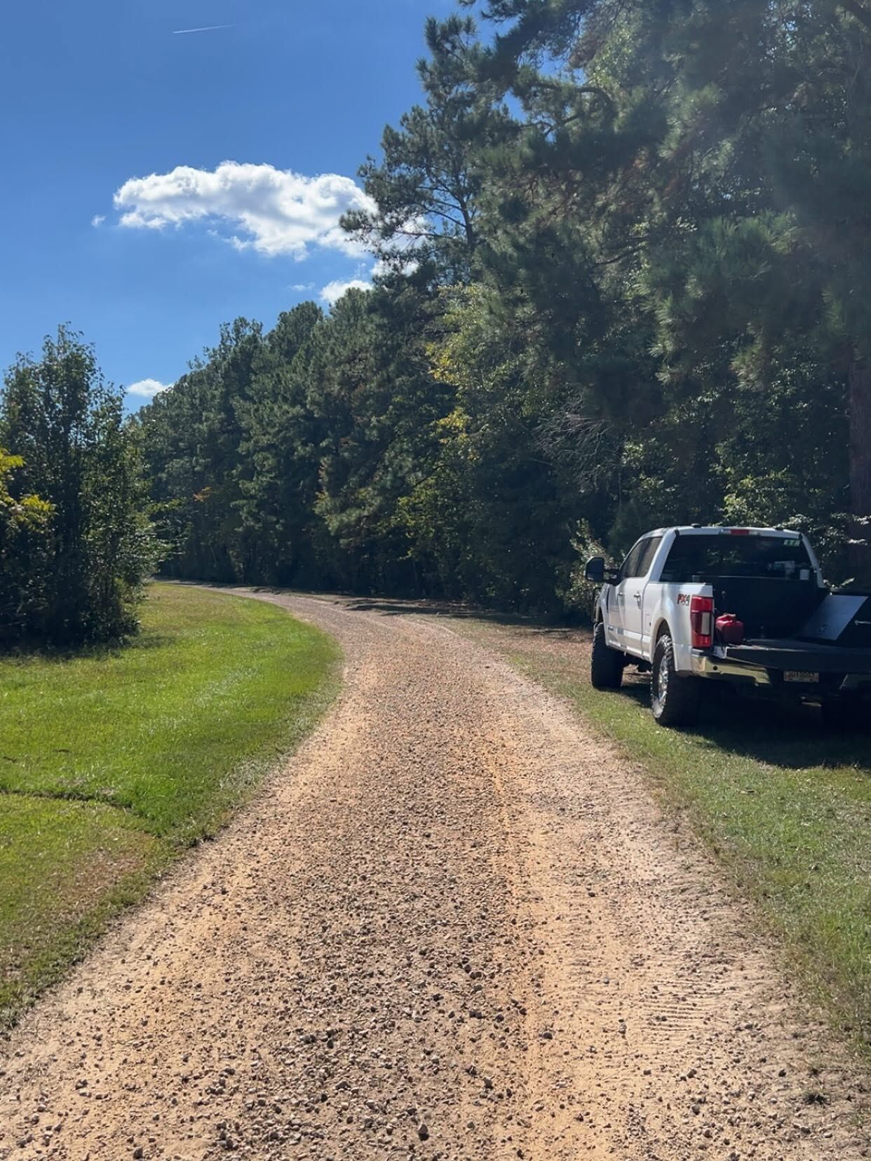 Gravel road curving through trees under a blue sky, with a white pickup truck parked on the right.