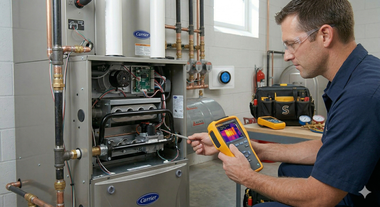 A technician uses a thermal imaging camera to inspect the internal components of a residential gas furnace.