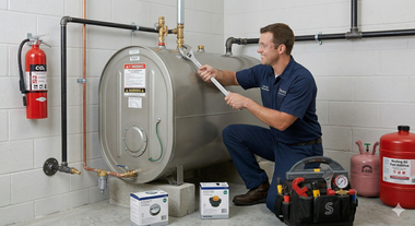 A technician in a blue uniform uses a large wrench to service a silver water heater in a basement utility room.