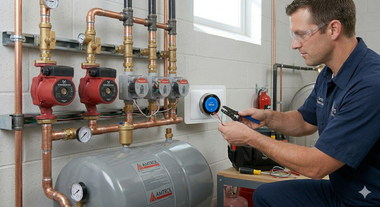A technician wears safety glasses while wiring a smart thermostat near a residential boiler heating system.