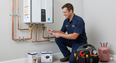 A professional in a uniform uses a wrench to install or maintain a tankless water heater mounted on a wall.